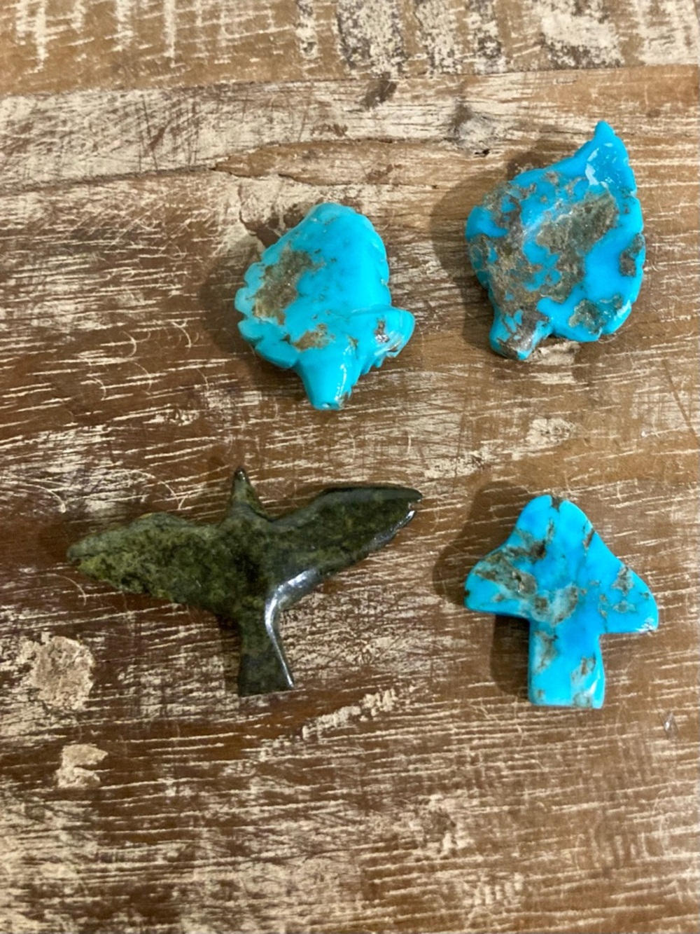 4 Small Stone Carvings Leaves Mushroom & Bird Green and Turquoise Colored - Picture 4 of 11